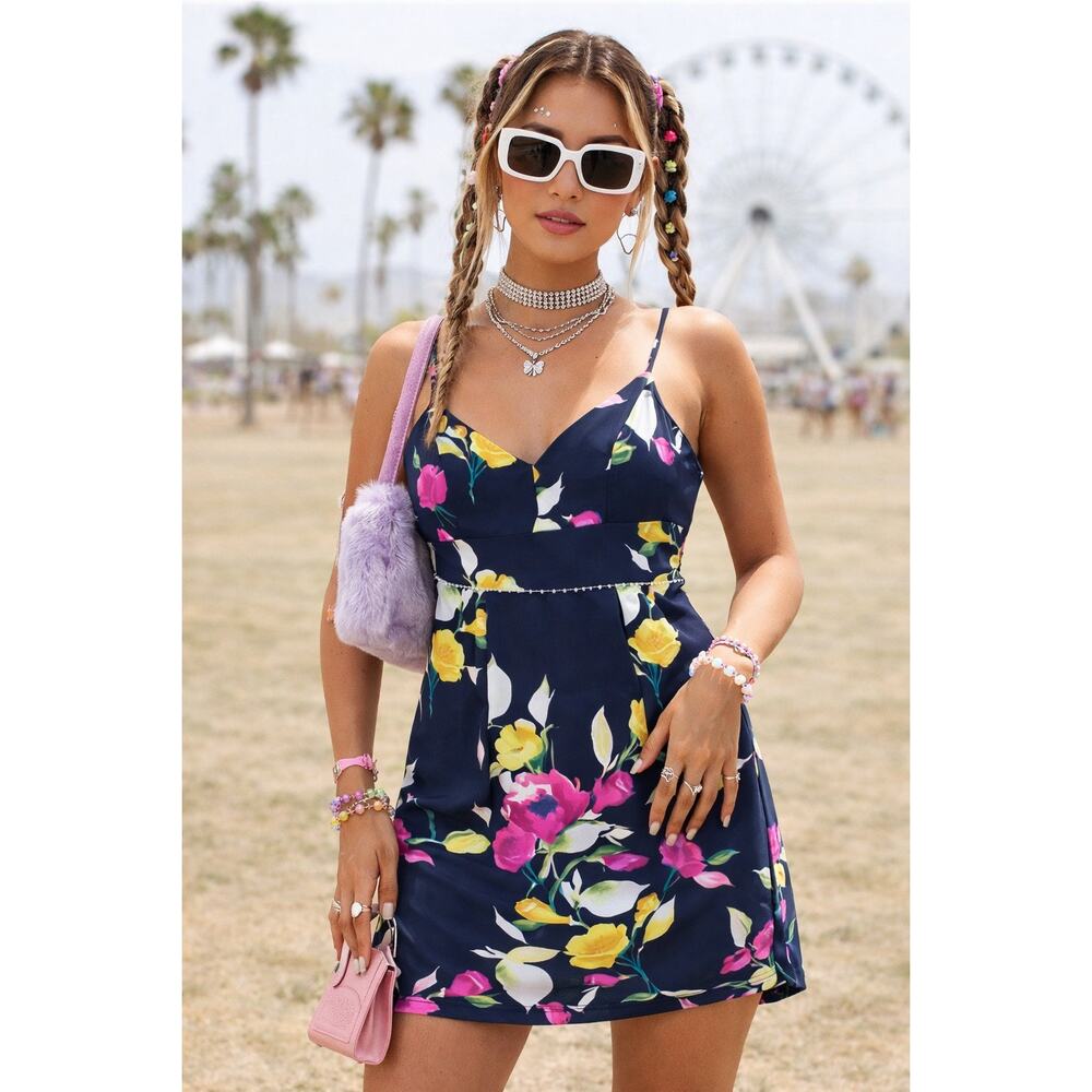 Eliza J NWT Cocktail Dress 8 Navy Floral Mikado Mini Satin Wedding Guest Y2K
